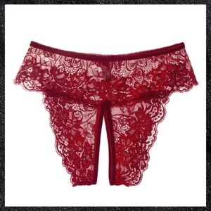 Dark Red Floral Lace Crotchless Panty